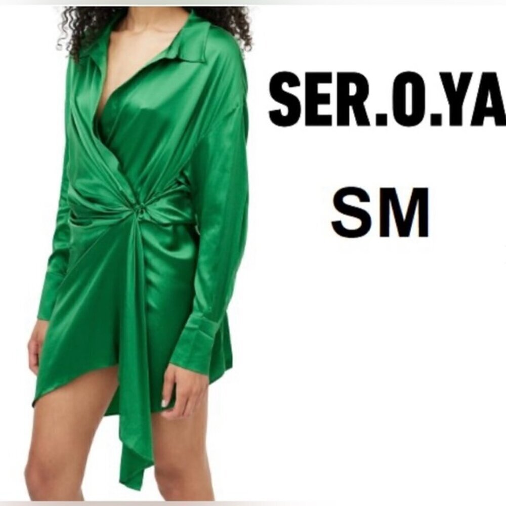 SER.O.YA - Ladies Demi Silk Satin Long sleeve dress - Green. Size: S. NWT